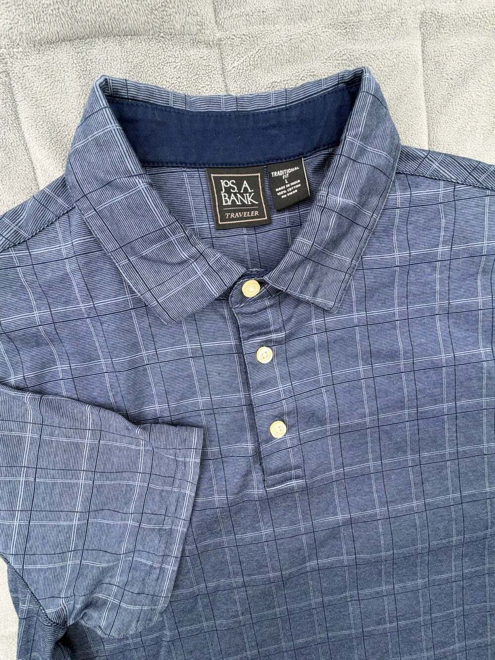 Jos. A. Bank Traveler Polo Shirt Size L Blue Windowpane Plaid Cotton